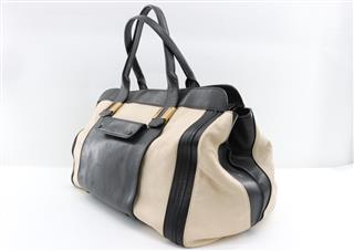 CHLOÉ BEIGE BLACK LEATHER COLORBLOCK LARGE ALICE SATCHEL TRAVEL BAG GIFT IDEA